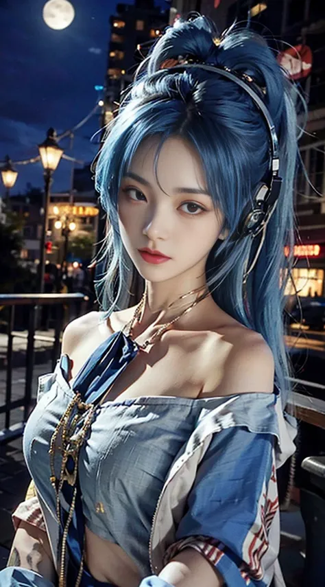 1 girl, hoodie, blue hair, extra long hair, off-the-shoulder, feather hair ornament, headphones around the neck, city, night, outdoors