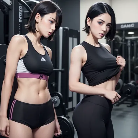 a beautiful girl with short black hair, blue eyes, thin lips, round face, small breasts, thin waist, medium ass, very pretty, wearing gym clothes, tomboy