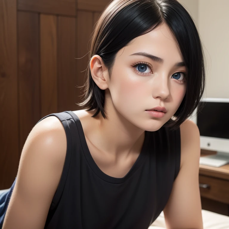 a beautiful girl with short black hair, blue eyes, thin lips, round face, small breasts, thin waist, medium ass, very pretty, wearing college, tomboy clothes