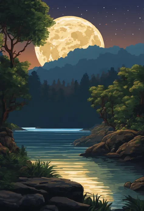 Pixel art of giant moon rising over calm sea, beautiful detailed pixel art, detailed pixel art, Lo-fidel retro video games, Concept Pixel Art, detailed pixel artwork, Pixel art style, pixel town, Pixel Art Animation, High-quality pixel art, Dolphins jump o...