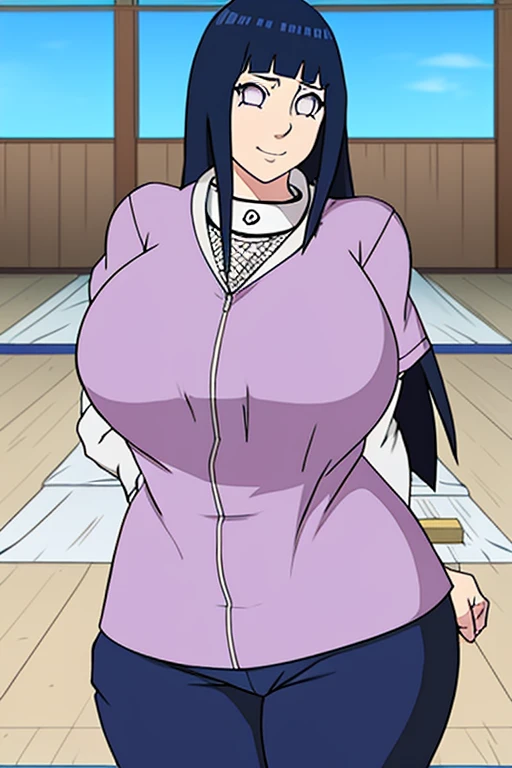 parte maestra, absurdo, 1 chica, Hinata(Shippuden), solo,serafuku, camiseta sin mangas, pantalones ajustados, barriga hacia fuera, pechos medios,  piernas gruesas, caderas anchas, cintura fina, delicioso, grandes pechos, sin censura, topples, pezones