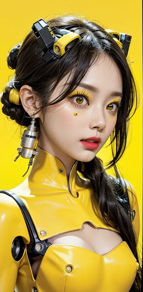 FRONT VIEW PHOTOFRAPHY, in front of a yellow wall, an asian cyborg woman head without body, connected by cables, twisted cables and wires and LED, atractive eyes body punk PLC Robots with silver motor head, with ray guns, 80 degree view, art by Sergio Lope...