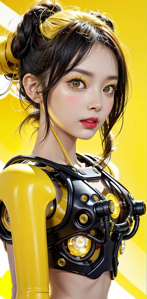 front view photofraphy, in front of a yellow wall, an asian cyborg woman head without body, connected by cables, twisted cables ...