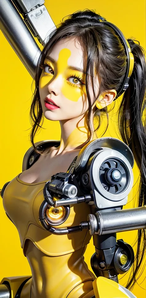 front view photofraphy, in front of a yellow wall, an asian cyborg woman head without body, connected by cables, twisted cables ...