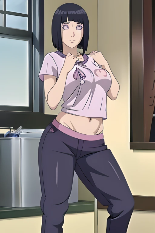 parte maestra, absurdo, 1 chica, Hinata(Shippuden), solo,serafuku, camiseta sin mangas, pantalones ajustados, barriga hacia fuera, pechos medios, piernas gruesas, caderas anchas, cintura fina, delicioso, grandes pechos, sin censura, topples, pezones