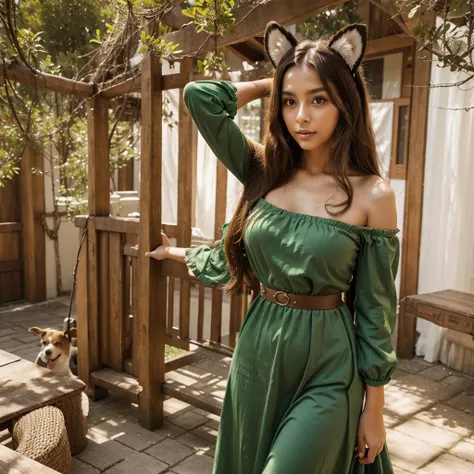 cowboy shot, miss_hina, sweet girl, brown long hair, green long dress, bare shoulders, detached sleeves, wide sleeves, long sleeves, animal ears, dog ears, pom pom hair ornament, upper body,  