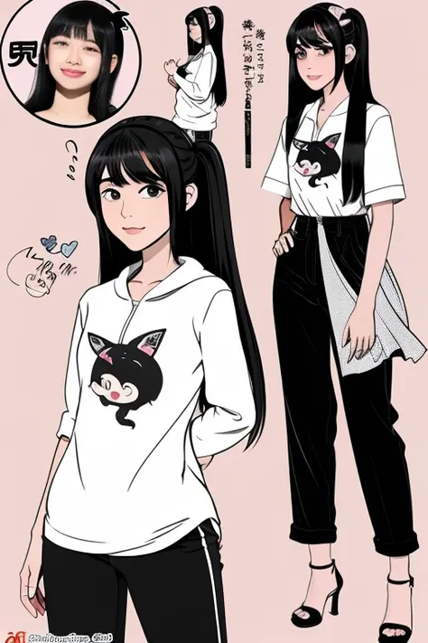 Cartoon gadis 17 tahun, tinggi badan 165 cm, berambut hitam panjang dikuncir, menggunakan kacamata, memeluk buku, memakai baju berwarna putih polos dan celana hitam panjang. 