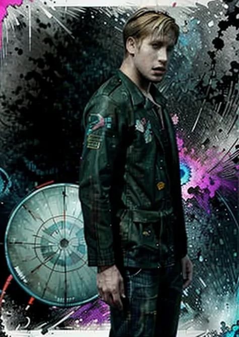 james sunderland as ryan gosling, full body, standing in the air, dark ambient,(cool:1.2),(colorful flower sea:1.3), (chaotic ge...