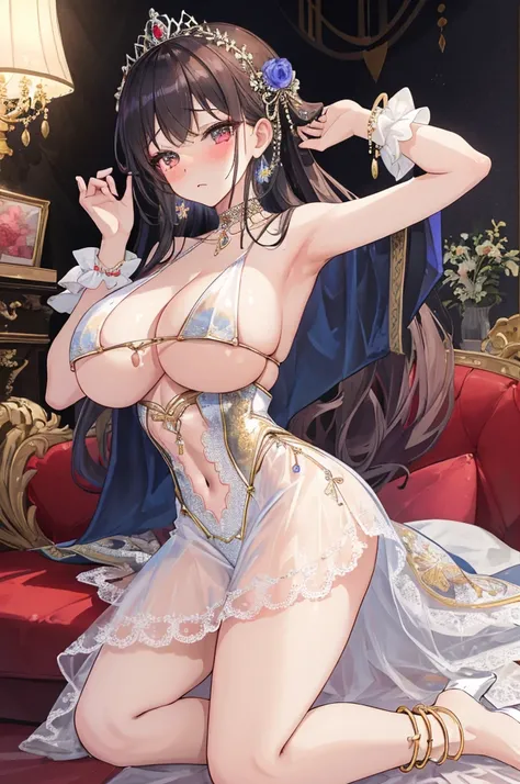 Figure style，A woman with big ，Young and intellectual princess，victorian style，clavicle，Prominent and smooth underboob，Lace nightdress，exquisite，transparent，Intricate details，Complex textures，，pubic，Anklet，shed tears，Fear，Sex toys，