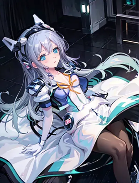 highest quality，lean against the wall，Symphonic_Sugar,light blue hair,navy blue eyes,hair ornament,long hair,white long_glove,light blue short dress,black pantyhose,high heel, ,glove，elegant, 1 girl, cute, blushed, looking at the viewer, from below, prison...