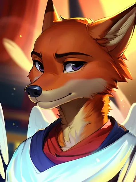 a beautiful and detailed portrait of a Nick Wilde as an angelic being, angel, Subtraction, ross tran,Ruan Jia, tendencia en artstation,foxovh, cinematic lighting, cielo de taparrabos blanco, Nubes, sol lejano big penis