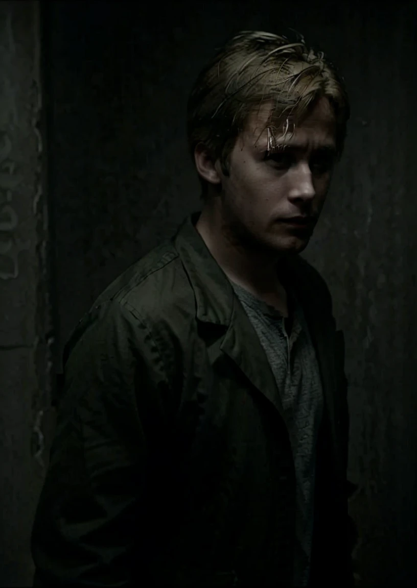 hyperealistic ,james sunderland as ryan gosling, dark ambient,(cool:1.2), silent hill, horror,(nagative space:0.8),4k