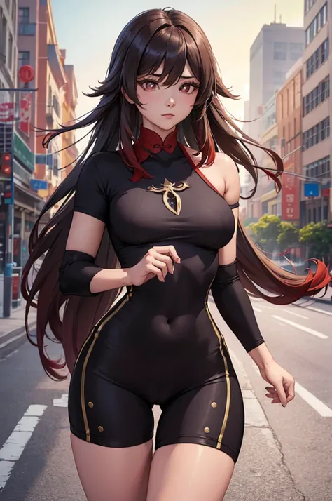 Hu tao, casual wear, skin tight outfit, chest, star pupil, 1girl, thick thighs, long hair, short sleeve, bare shoulders, shorts, butt, city background, realistic, best quality, masterpiece, ultra detail, ultra high res, extreme detail, 8k