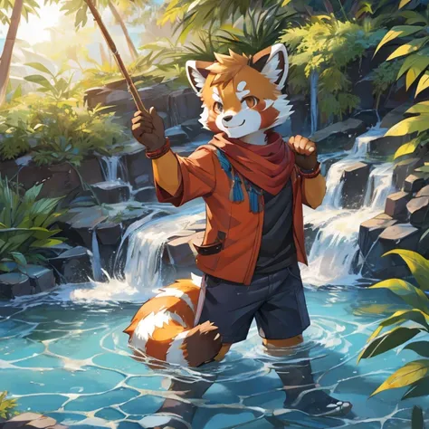 Red panda，Lean，Detailed character details，play with water