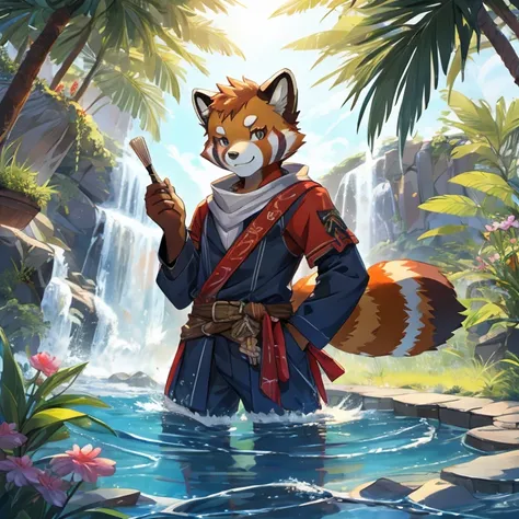 Red panda，Lean，Detailed character details，play with water