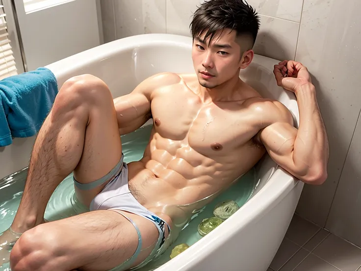 Asian man, no pants, no shirt, in the bathtub