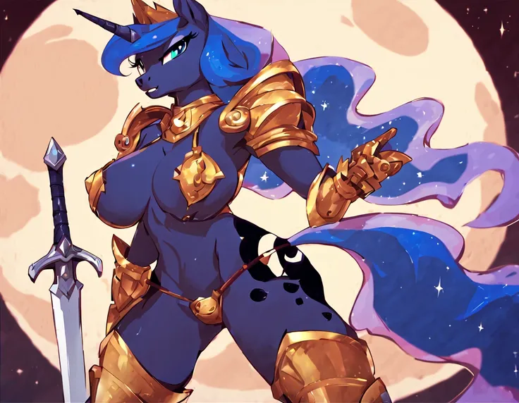 score_9, score_8_up, score_7_up, score_6_up, score_5_up, score_4_up, anthro pony, princess luna, skimpy armor, sword, full moon, big breasts