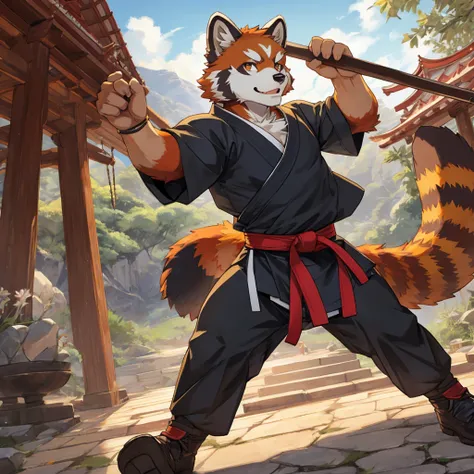 Red panda，Magnificent，Practice martial arts，Detailed character details