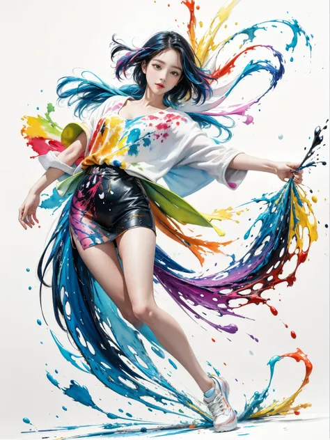 (Best quality, watercolor painting, colorful, sharp focus), (full body, wide angle shot), (1 cute Korean girl), Jackson Pollock action painting, kinetic expression, colorful hair, (Splash and Drip Art Minimalism:1.1), canvas white background, studio, style...