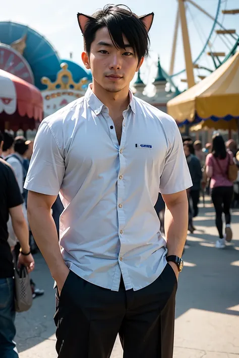 Asian man with cat ears, not wearing pants, facing the camera at an amusement park