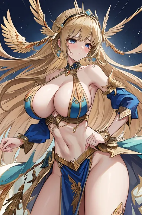 A woman with big ，Young and intellectual Valkyrie，warrior，victorian style，battle garment，clavicle，Prominent and smooth underboob，exquisite，transparent，Intricate details，Complex textures，，pubic，leg rings，shed tears，Fear，