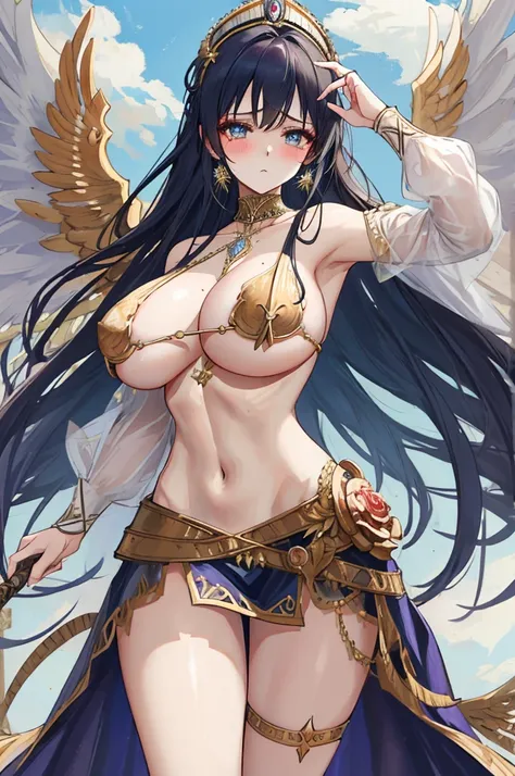 A woman with big ，Young and intellectual Valkyrie，warrior，victorian style，battle garment，clavicle，Prominent and smooth underboob，exquisite，transparent，Intricate details，Complex textures，，pubic，leg rings，shed tears，Fear，