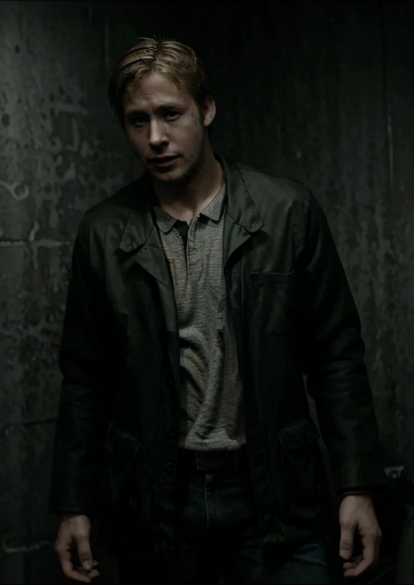 hyperealistic , james sunderland as ryan gosling, with shotgun, (cool:1.2), silent hill, horror, (nagative space:0.8),4k