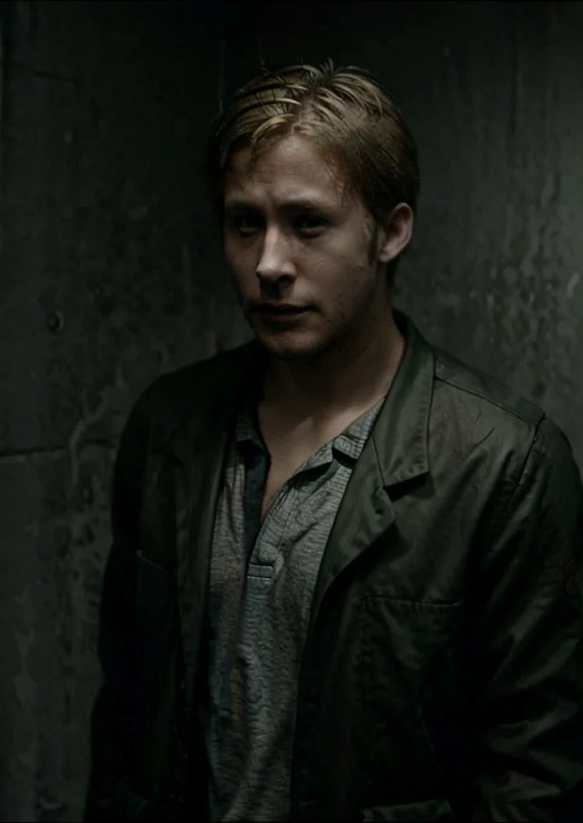 hyperealistic , james sunderland as ryan gosling, with shotgun, (cool:1.2), Silent Hill, horror, (nagative space:0.8),4K