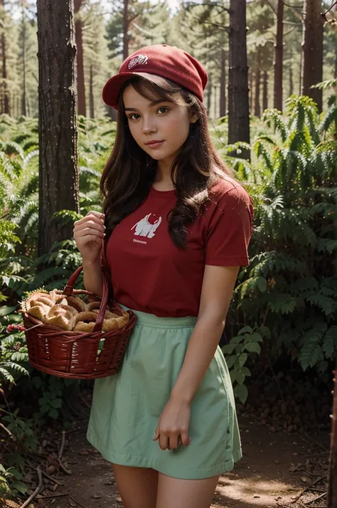 Illustration of a girl with a red cap, who goes into the forest with a basket of pies for grandma. 