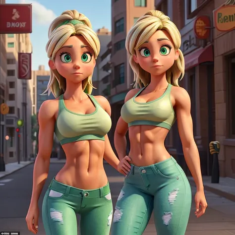 Kaley Cuoco, very cute, highly detailed face, highly detailed green eyes, medium breasts, athletic physique, highly detailed toned abs, highly detailed muscular legs, highly detailed hands, wearing tight jeans, wearing sports bra, in the city