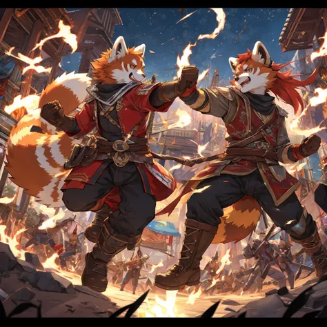 Red panda，Fight，Detailed character details