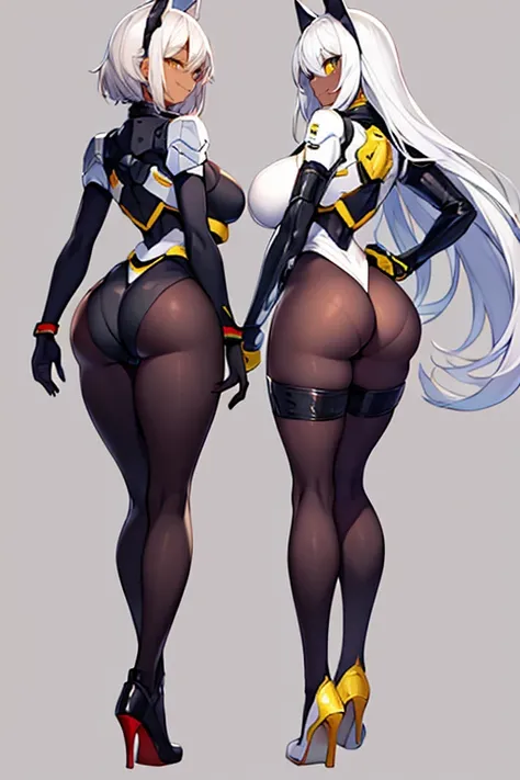 2girls, dark-skinned females, dark-skinned female, dark skin, white hair, long hair, very short hair, large breasts, breasts, wide hips, yellow eyes, smile, bodysuit, black bodysuit, white trim, sleeveless, black pantyhose, pantyhose, futuristic, tech, sci...