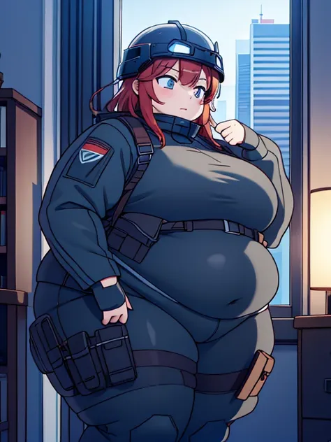 Massively Obese red tactical soldier girl, fat rolls, short hair, dark hair, (obese belly):1.5, (obese thighs):1.3, (transparent bodysuit):1.3, pudgy, tired, sleepy, (soldier helmet):1.2 extremely chubby,  BREAK cityscape, Smokey sky, night sky