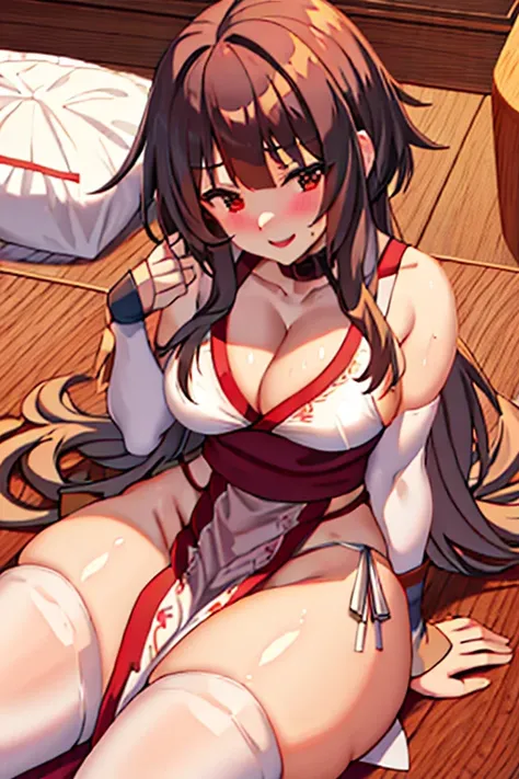 masterpiece, high resolution, best quality, beautiful art, 1 woman Megumin, 30 years old, grown up, loose long hair, big breasted, cleavage, white kunoichi  dress, full body , sexy outfit, pelvic curtain, sexy legs and thighs, full body, peeking on her whi...