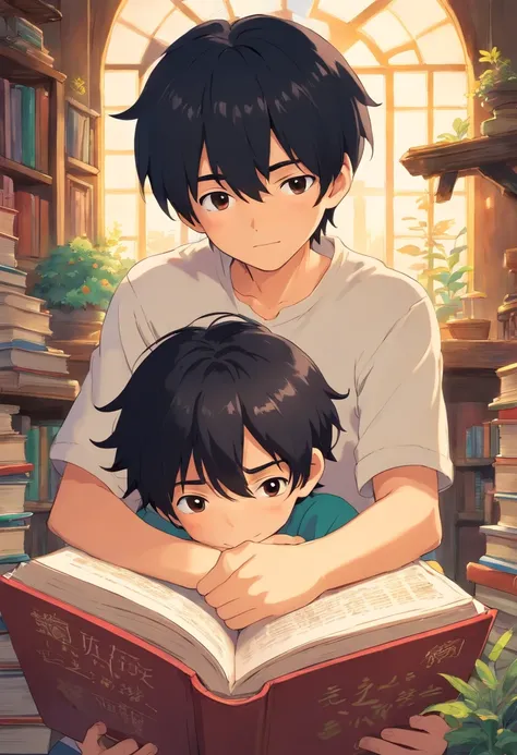 Boy;black hair; huging book;