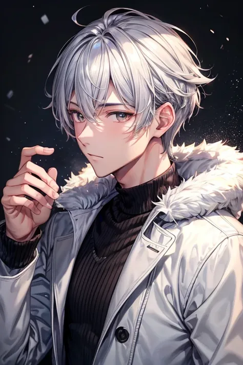 a handsome guy、20代の男性、winter clothes、silver-haired shorthair、brown eyes、long sleeve、trombone、high resolution、in 8k、sharp focus、z...