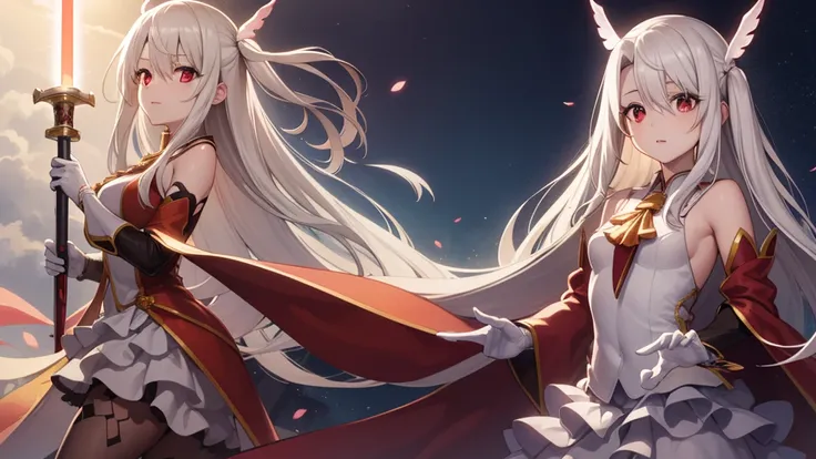 Illyasviel von Einzbern, blonde hair, hair between eyes, long hair, (red eyes:1.5),
 boots, Detached sleeves, , white gloves, white skirt, absolute chance,Huge time array
(masterpiece:1.2), best quality, high resolution, unified 8k wallpaper, (illustration...