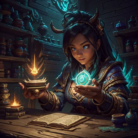 close-up of a bunch of different items on a wooden table, ornate border + concept art, hearthstone concept art, magic book page,...