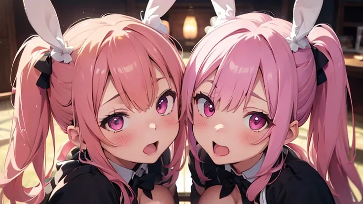 mastute piece,Best Quality,insanely detailed,8k cg,nsfw,
take a picture from the chest up,
2girls,2girls lick with their faces close together,(reverse outfit,bunny girl), blush,shy,ecstasy face,gasping,2girls pink hair,perfect breasts,perfect nipples,open ...