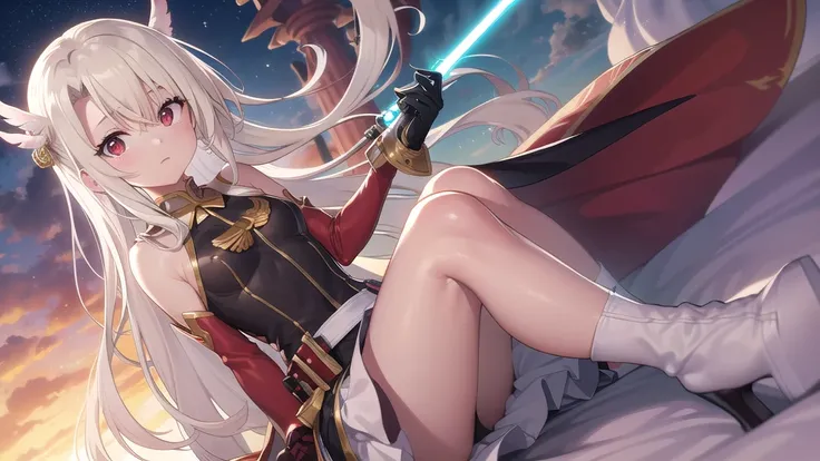 Illyasviel von Einzbern, blonde hair, hair between eyes, long hair, (red eyes:1.5),
 boots, Detached sleeves, , white gloves, white skirt, absolute chance,The sky filled with time arrays
(masterpiece:1.2), best quality, high resolution, unified 8k wallpape...