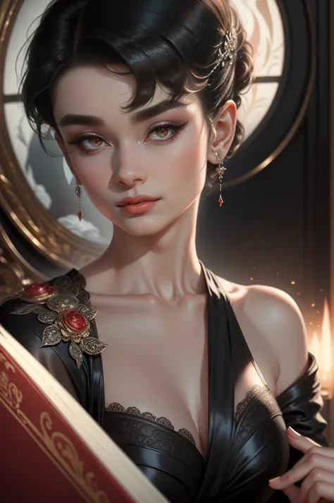 (Masterpiece - Ultra-Detailed, High Resolution) Prepare to be enchanted by a true masterpiece that combines ultra-detailed art with high-resolution rendering. This work shows a mesmerizing woman, with short, black hair, 1928s style,  Audrey Hepburn (1.3) a...