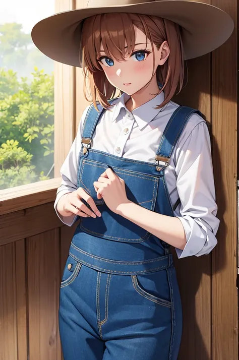 (((best quality))), ((ultra-detailed)), 1girl, misaka mikoto, flat chest, cowboy hat, collared shirt, bib overalls, blue overalls, (overalls trousers),