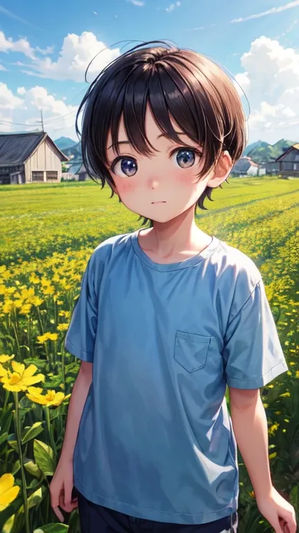 quiet little village，The sky is blue，sunny。Tanoue，Green seedlings sway gently in the breeze，As if telling the story of life。Bob，a cute little boy，Standing on the edge of the field，Look at these seedlings，A thoughtful expression on his face。His eyes are ful...