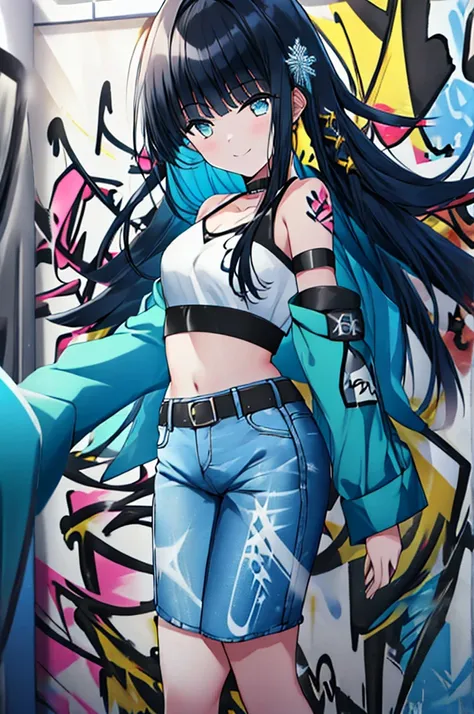 Siboshency,1 girl,black hair,long hair,alone,dull bangs,Snowflake Hair Ornament,Yellow x hair ornament,black eye,blue eyes,denim shorts, choker, (graffiti:1.5), smile,Paint splatters, turn your arms behind your back, towards the wall, looking at the viewer...