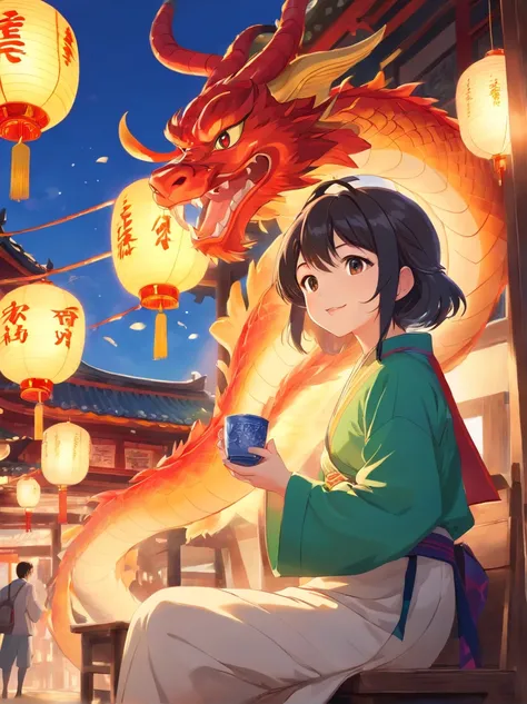 New Year Blessings for the Year of the Dragon ,mascot， A good start，Minfu Rural Bank，Chinese style元素，Happy, , Drinking tea and paper lanterns, Warm and joyful atmosphere, digital illustration, Illustration poster, child, , digital illustration , Chinese st...