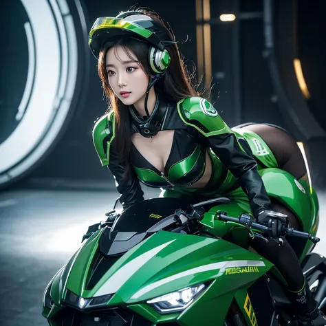 Highest image quality, Excellent details, ultra high resolution, (realism: 1.4), best illustrations, Offer details, Highly concentrated 1girl, Has a delicate and beautiful face, Looks like celebrity Liu Yan，Dressed in black and green mechs, wearing a mech ...