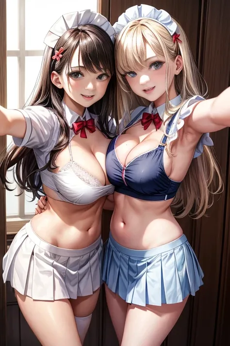 realistic, Selfie of two girls, close contact with both breasts,, Maid clothes、nurse uniform、uniform、bikini、pleated mini skirt、cleavage emphasis、Lower milk is visible、Side breasts are visible、big breasts, smile、The belly button is visible、bold pose、accurat...