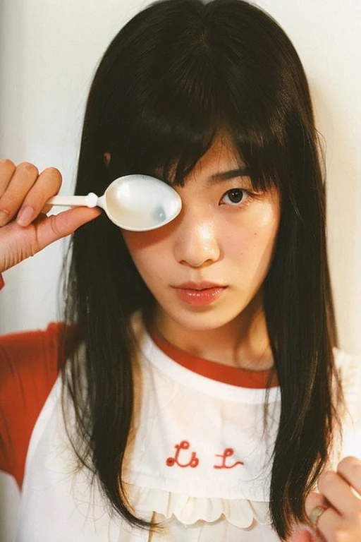 there is a girl holding a spoon and a spoon in her hand, Eiko Ishioka, Sui Ishida with black hair, yasumotooka, Akiko Takase, Sui Ishida, Rumiko, Rinko Kawaichi, por Fujiwara Nobuzane, Mariko Mori, Mao Hamaguchi, chiho, Nishihara Isao, junki it