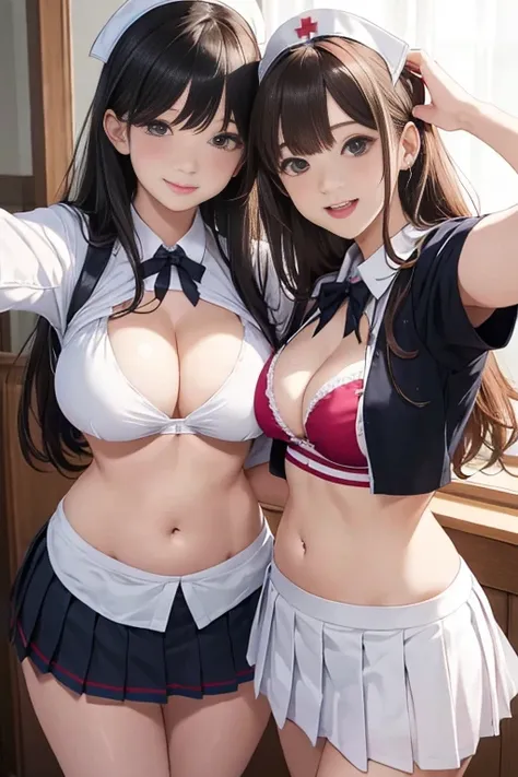 realistic, Selfie of two girls, close contact with both breasts,, Maid clothes、nurse uniform、uniform、bikini、pleated mini skirt、cleavage emphasis、Lower milk is visible、Side breasts are visible、big breasts, smile、The belly button is visible、bold pose、accurat...