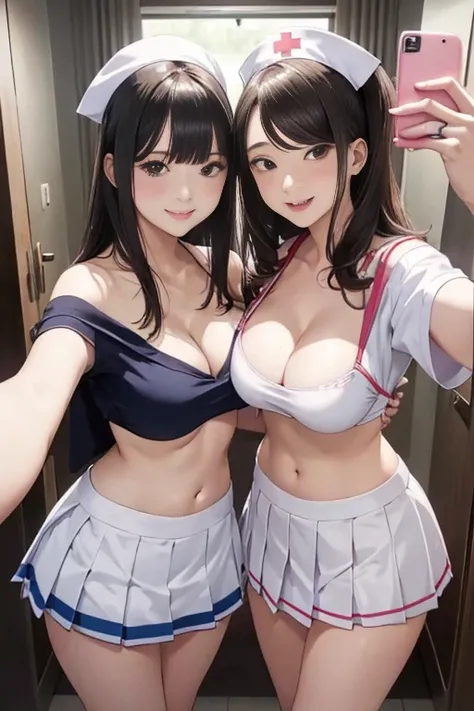 realistic, Selfie of two girls, close contact with both breasts,, bikini、off shoulder、nurse uniform、uniform、pleated mini skirt、cleavage emphasis、Lower milk is visible、Side breasts are visible、big breasts, smile、The belly button is visible、bold pose、accurat...